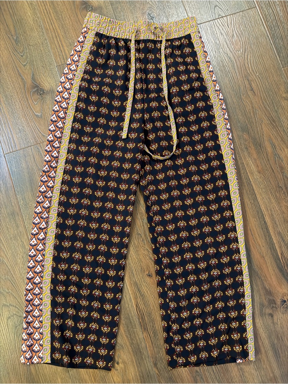 Zara Black Straight-Leg Boho Printed Pants with Yellow & Orange Trim